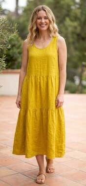 Vanessa Alexandra Made In Italy Mustard Yellow Linen Tiered Sleeveless Maxi Dres